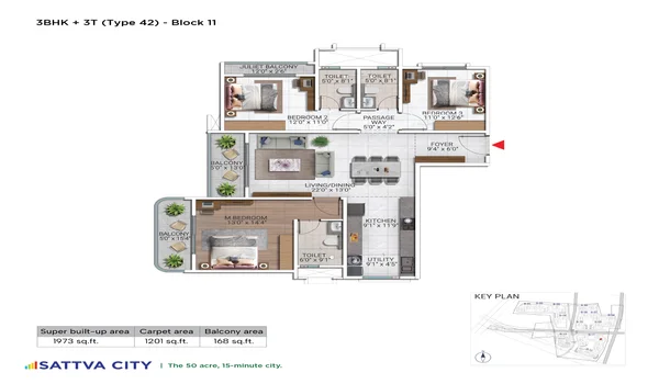 Featured Image of Sattva City 3 BHK 1973 Sq Ft Floor Plan