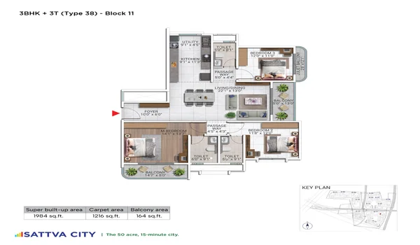 Featured Image of Sattva City 3 BHK 1984 Sq Ft Floor Plan