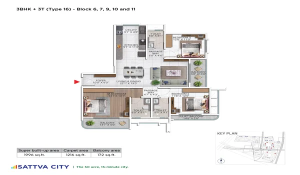 Featured Image of Sattva City 3 BHK 1996 Sq Ft Floor Plan