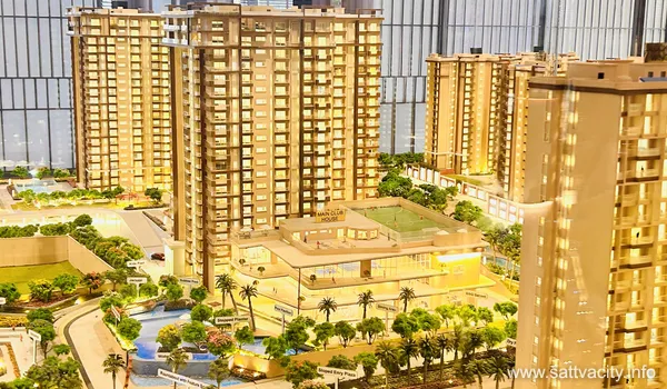 A detailed view of the 'Main Club House' in the architectural model, featuring a multi-story glass structure with a rooftop football/futsal turf, surrounded by miniature swimming pools and stepped planters.